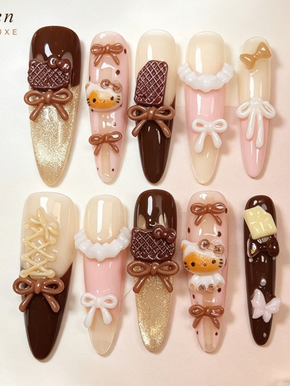 Cute Brown & Pink 3D Bowtie Kitty Waffle Long Oval Almond Press On Nails Set